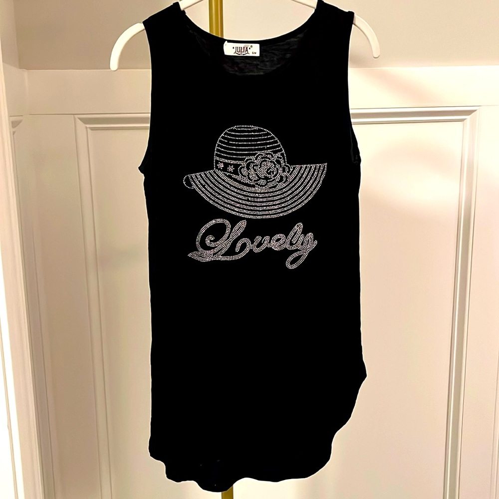 JULIA black tank tunic with Lovely rhinestone hat design size Small